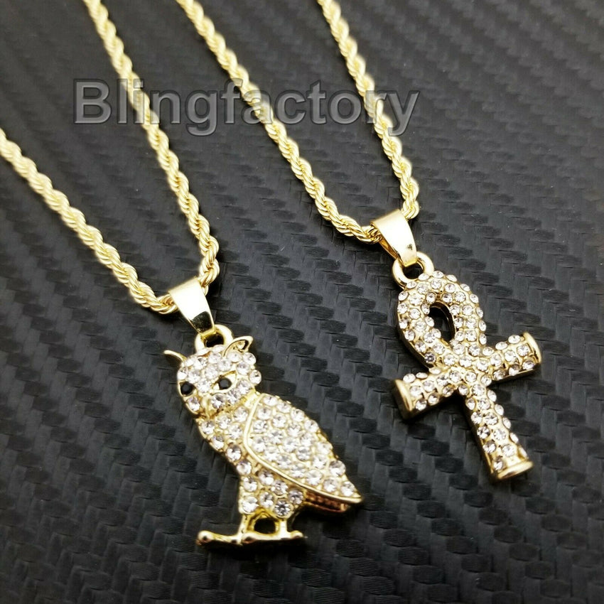 Hip Hop Iced Mini Owl & Ankh Cross Pendant & 3mm 24" Rope Chain Necklace Set