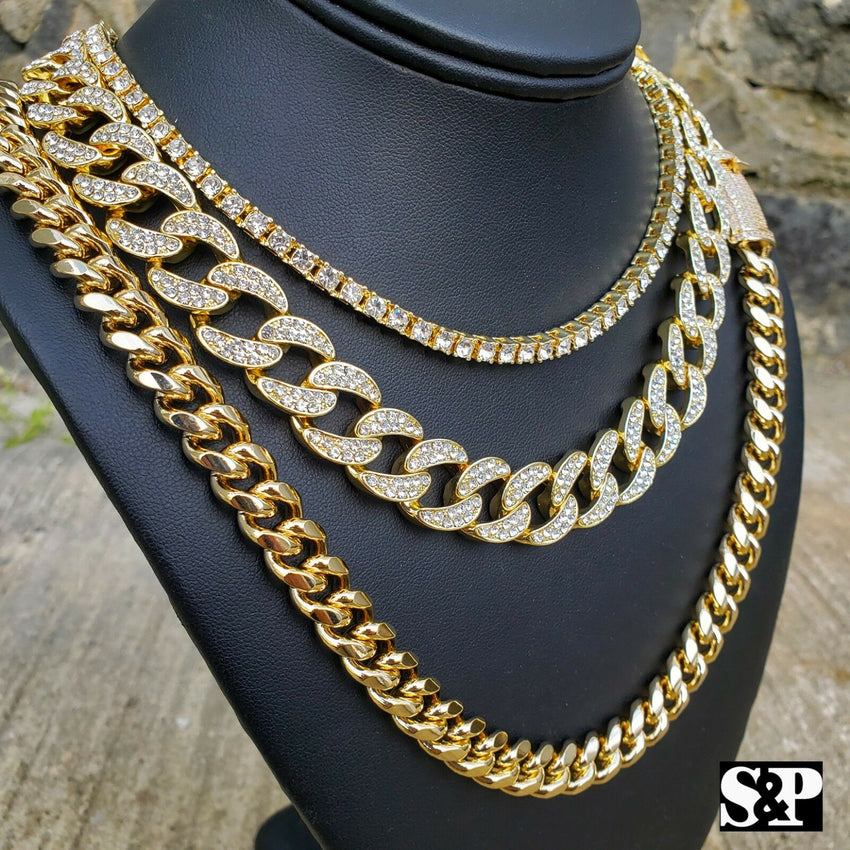 Hip Hop Lab Diamond Iced out 1 Row Tennis & Miami Cuban 3 Chain Necklace set