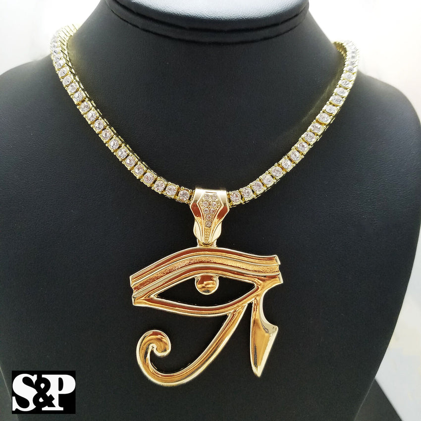 Hip Hop Eye of Horus w/ 18" Full Iced Cuban & 1 ROW DIAMOND Choker Chain Necklace Set