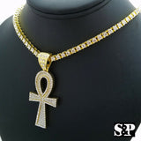 Hip Hop Ankh Cross Pendant & 18" Full Iced 1 ROW DIAMOND Tennis Choker Chain Necklace