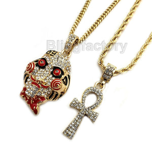 Iced Out Saw Inspired & Ankh Cross Pendant & 20