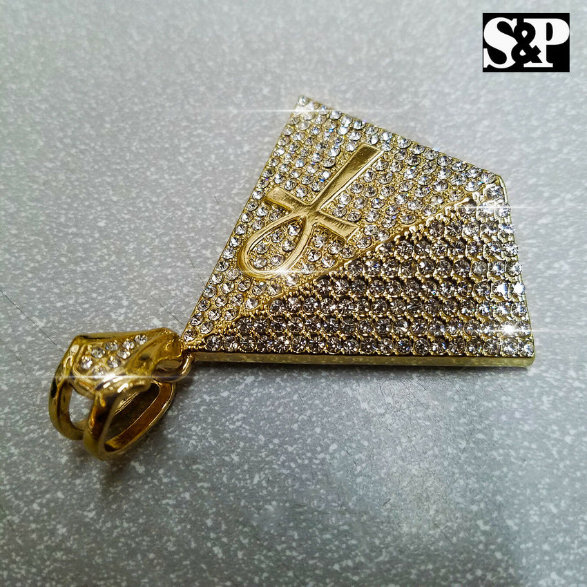 HIP HOP RAPPER'S ICED OUT GOLD PLATED EGYPTIAN ANKH CROSS PYRAMID PENDANT