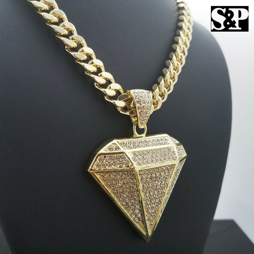 Gold PT Big Diamond Shape Pendant & 10mm 30" Cuban Heavy Chain Hip Hop Necklace