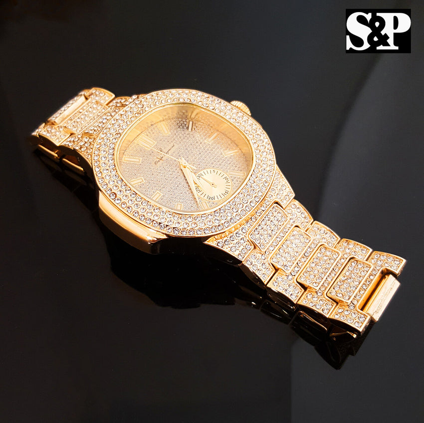 MEN ICED OUT HIP HOP GOLD PT QUAVO WATCH & MIC MICROPHONE NECKLACE COMBO SET