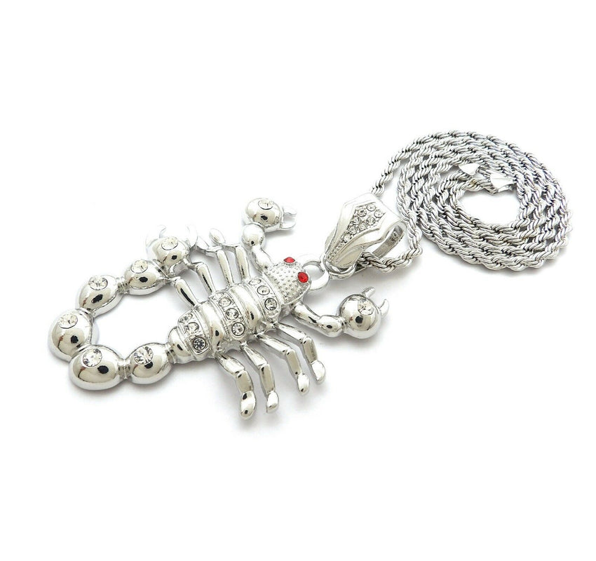 HIP HOP ICED OUT SILVER PLATED SCORPION PENDANT & 4mm 24" ROPE CHAIN NECKLACE
