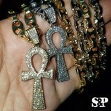 Hip Hop Iced out Lab Diamond Ankh Cross Pendant & 8mm 24" Gucci Chain Necklace