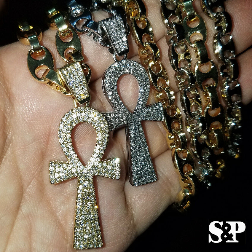 Hip Hop Iced out Lab Diamond Ankh Cross Pendant & 8mm 24" Gucci Chain Necklace