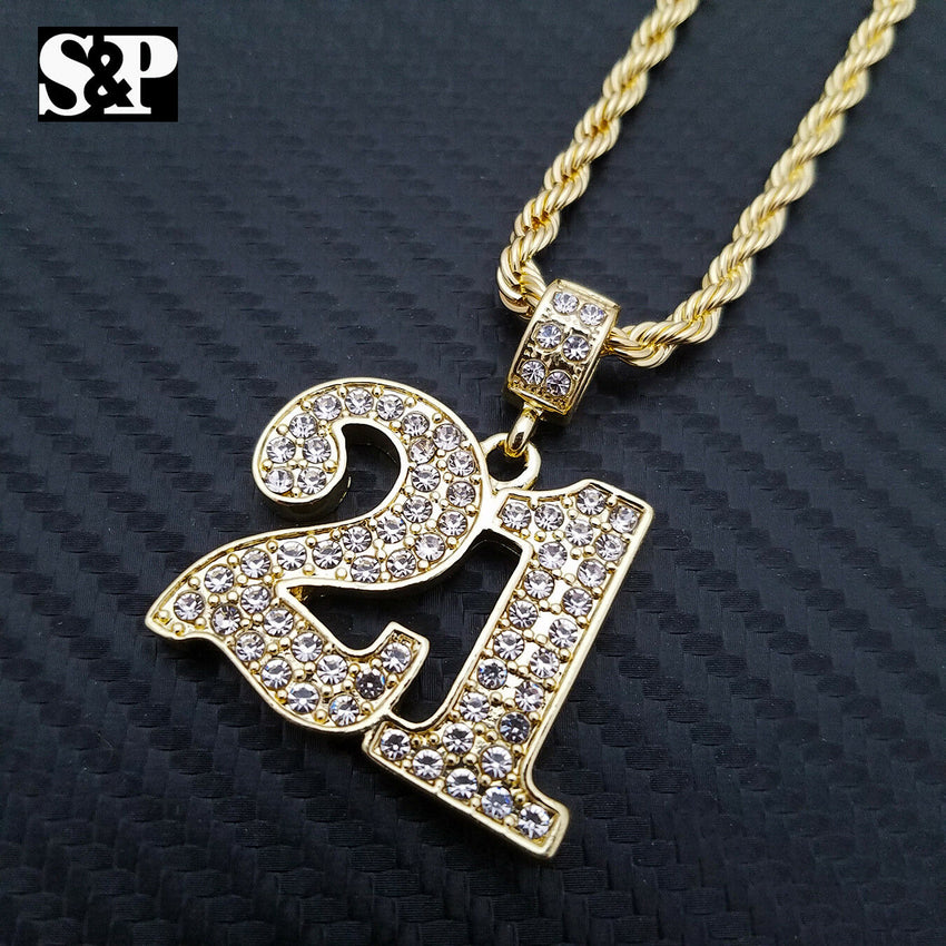 Iced Out Gold PT Hip Hop Savage 21 Pendant & 4mm 24" Rope Chain Hip Hop Necklace