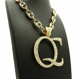 New Iced Out Gold plated 'QC' Pendant & 12mm 30" Marina Chain Hip Hop Necklace