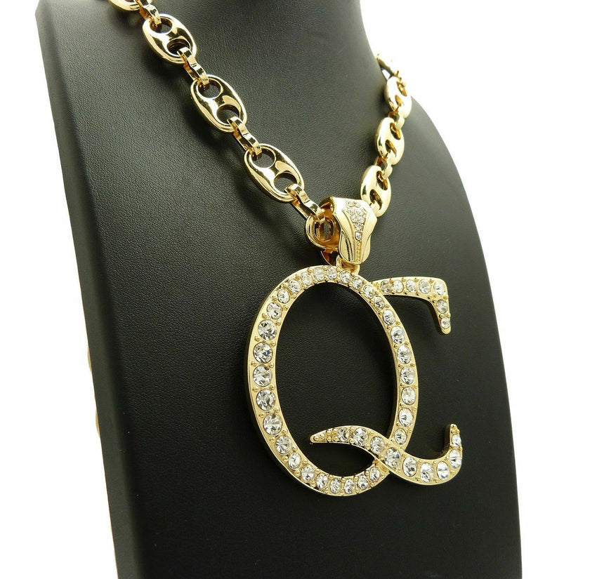 New Iced Out Gold plated 'QC' Pendant & 12mm 30" Marina Chain Hip Hop Necklace
