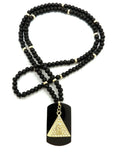 Hip Hop Iced Egyptian Pyramid & Dog Tag Pendant w/ 6mm 30" Wooden Bead Necklace