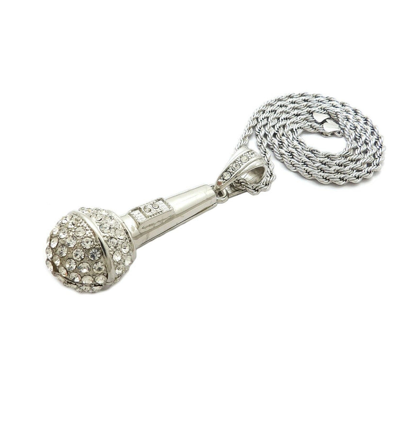 HIP HOP ICED OUT SILVER PLATED MICRO PHONE PENDANT & 4mm 24" ROPE CHAIN NECKLACE