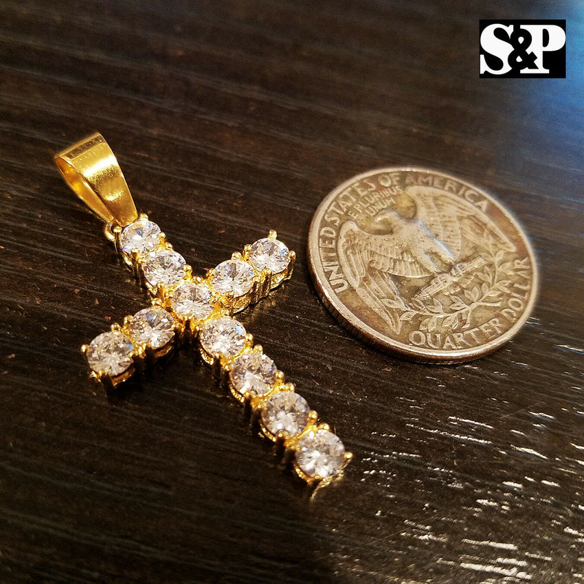 HIP HOP BLING STAINLESS STEEL ICED OUT LAB DIAMOND GOLD PLATED CROSS PENDANT