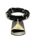 Hip Hop Iced Egyptian Pyramid & Dog Tag Pendant w/ 6mm 30" Wooden Bead Necklace