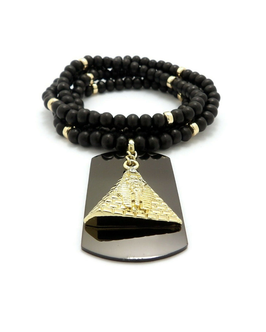 Hip Hop Iced Egyptian Pyramid & Dog Tag Pendant w/ 6mm 30" Wooden Bead Necklace