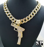 Hip Hop 37 Rip Mary Gun w/ 18" Full Iced Cuban & 1 ROW DIAMOND Choker Chain Necklace Set
