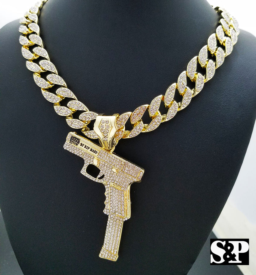 Hip Hop 37 Rip Mary Gun w/ 18" Full Iced Cuban & 1 ROW DIAMOND Choker Chain Necklace Set