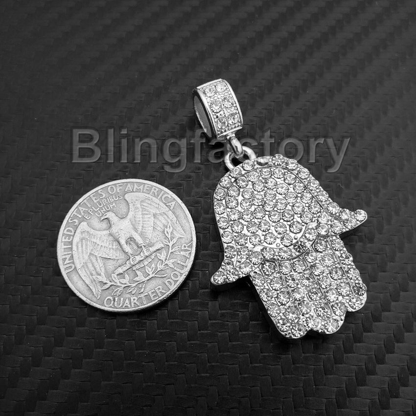 Hip Hop Iced HAMSA KHAMSA Pendant & 1 Row Diamond Tennis Choker Chain Necklace