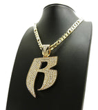 Iced Out Hip Hop RUFF RIDERS R Pendant & 7mm 30" Lab Diamonds Figaro Chain Necklace
