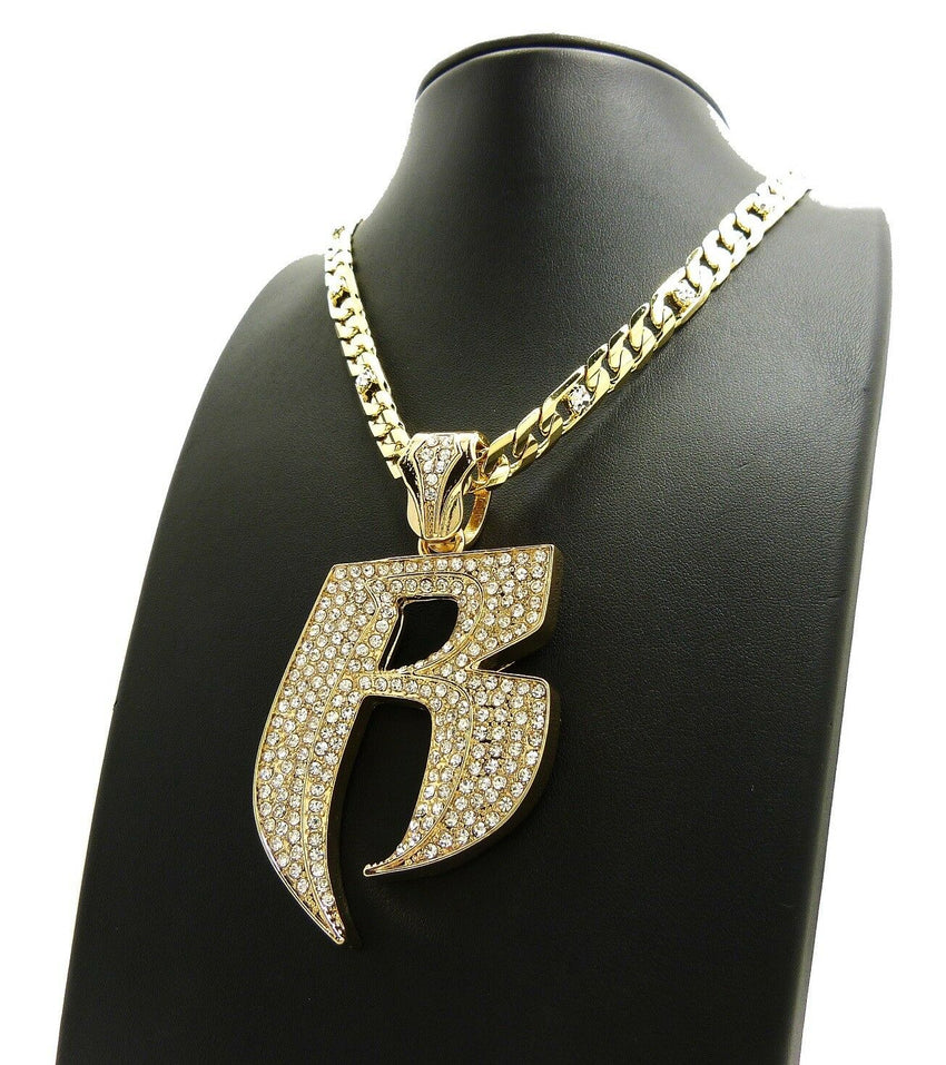 Iced Out Hip Hop RUFF RIDERS R Pendant & 7mm 30" Lab Diamonds Figaro Chain Necklace