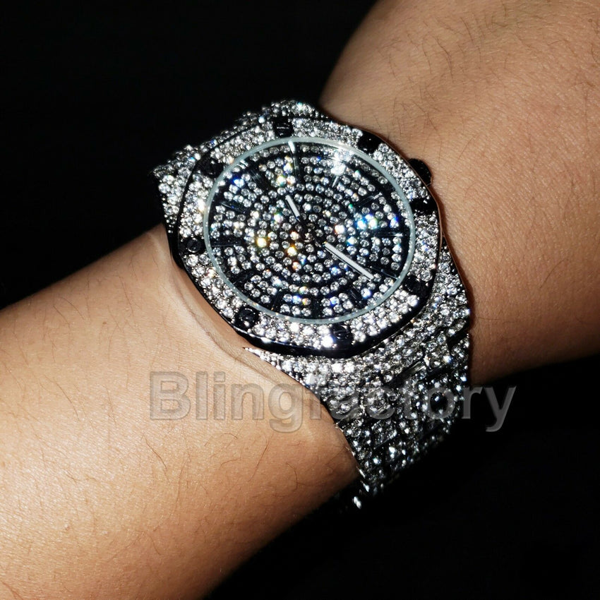 MIGOS ICED OUT WHITE GOLD PLATED LAB DIAMOND WATCH & CULTURE NECKLACE SET