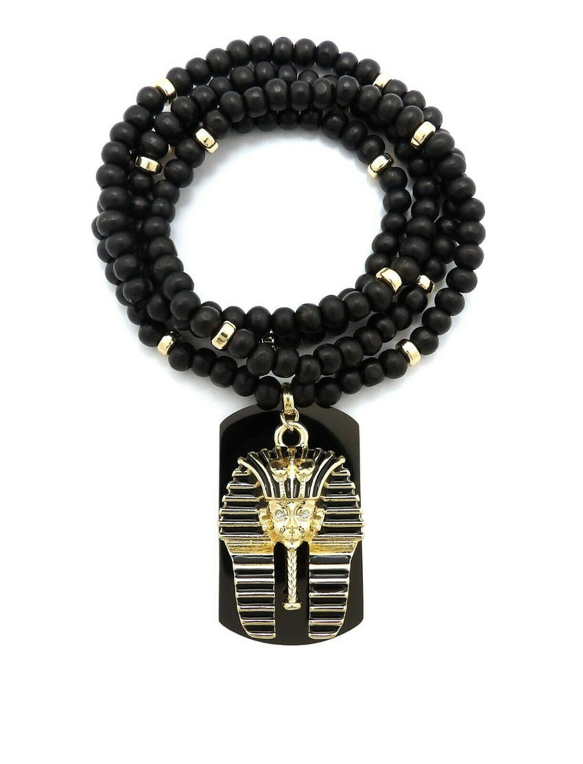 Hip Hop Iced Egyptian King Tut & Dog Tag Pendant w/ 6mm 30" Wooden Bead Necklace