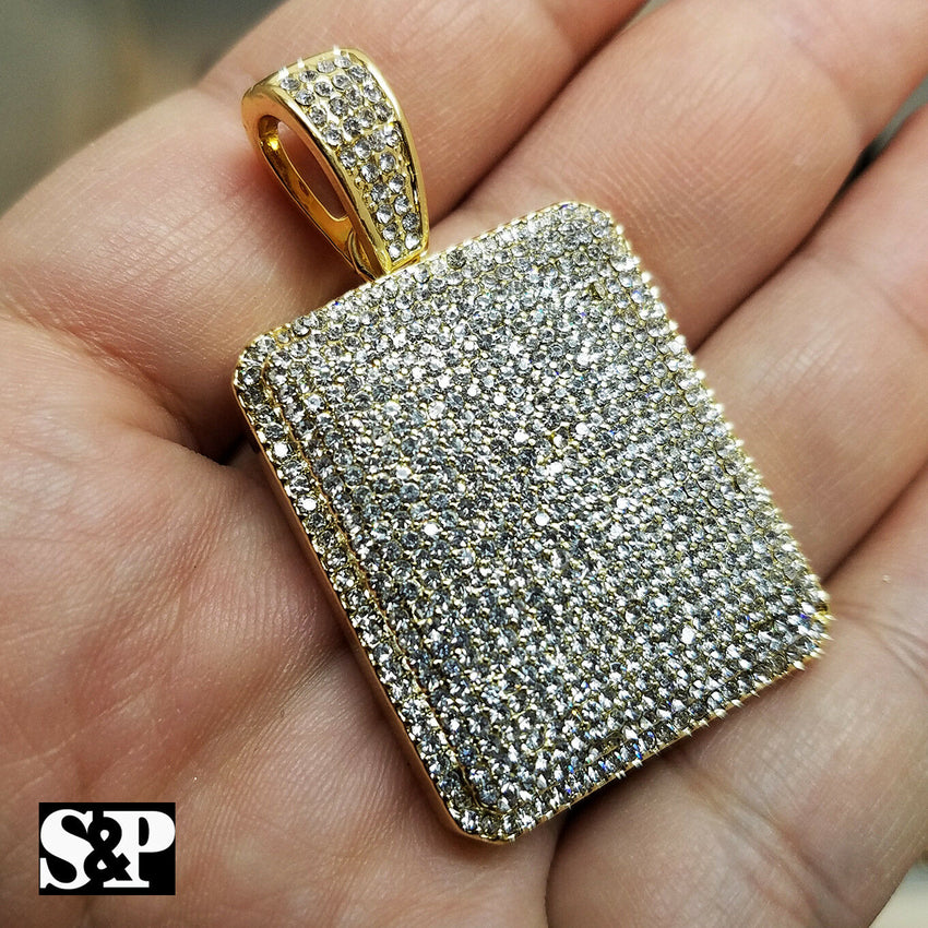 HIP HOP FULL ICED LAB DIAMOND GOLD PLATED BLING LARGE SQUARE PENDANT