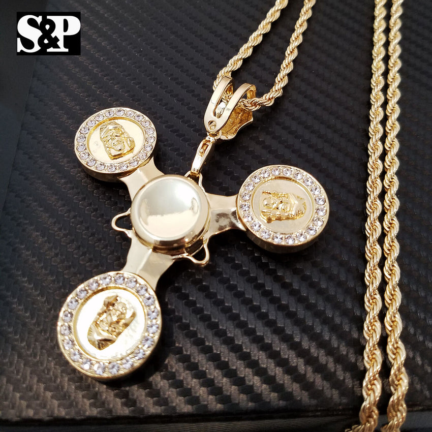 Hip Hop 14k Gold Plated Jesus Face Spinner Pendant w/ 30" Rope Chain Necklace