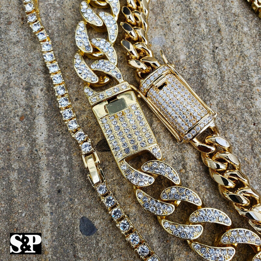 Hip Hop Lab Diamond Iced out 1 Row Tennis & Miami Cuban 3 Chain Necklace set