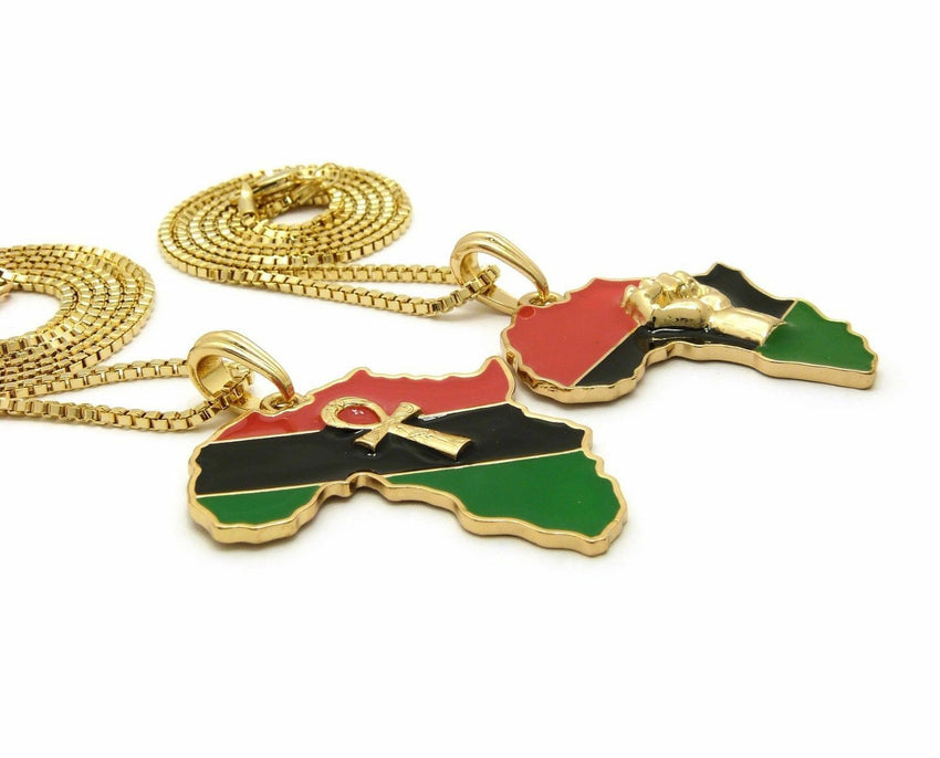 New Fist & Ankh in Africa Pendant w/ 24",30" Box Chain Hip Hop 2 Necklace Set
