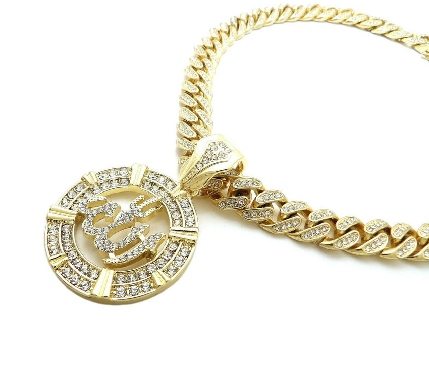 Hip Hop Allah Pendant & 12mm 20" Iced Box Lock Cuban Choker Chain Necklace