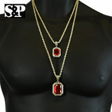 Men Gold Plated Fashion 2 Pieces Ruby Set & Power Plug w/ 30" & 24" Rope chains