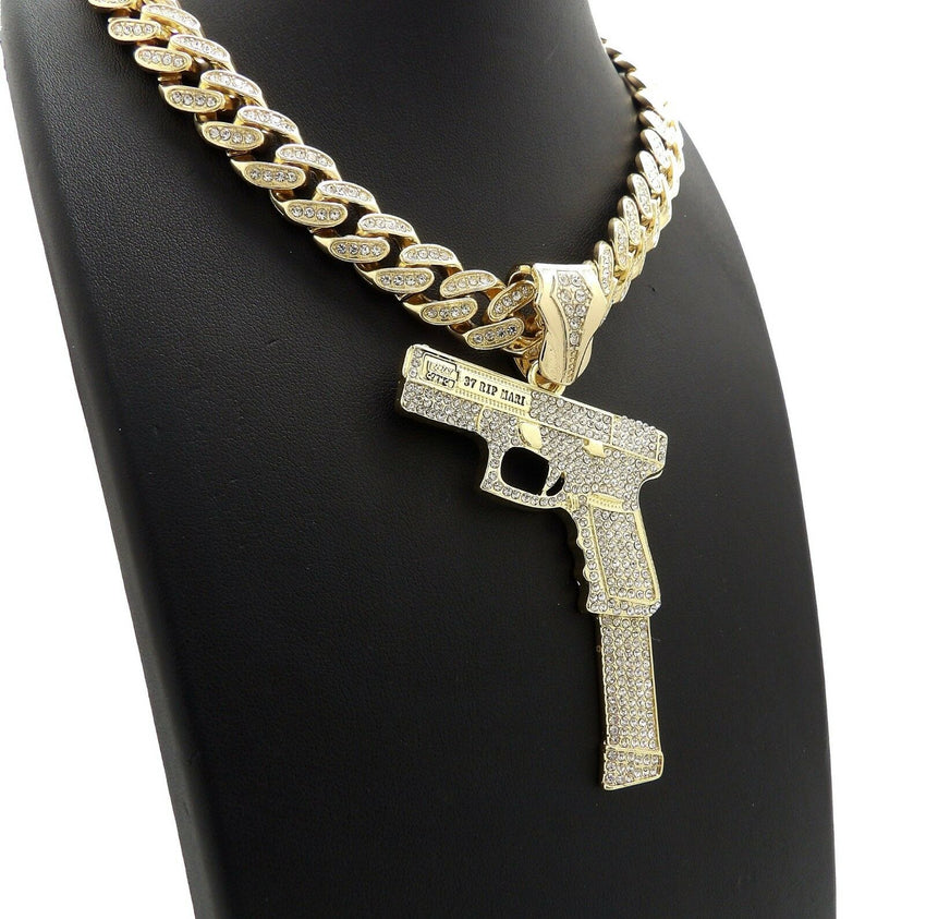 Hip Hop 37 RIP MARY Gun Pendant & 12mm 18" Full Iced Out Cuban Chain Necklace