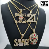 ICED OUT BLING 21 & SLAUGHTER GANG & SAVAGE PENDANT HIP HOP 4 NECKLACE COMBO SET