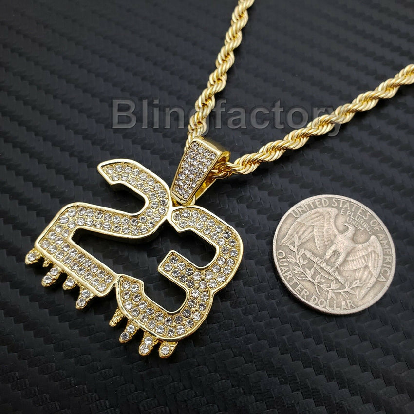 Hip Hop Iced out Lab Diamond Number 23 Drip Pendant, 4mm 24" Rope Chain Necklace