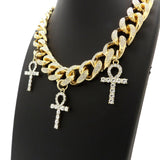 Hip Hop Iced Triple Ankh Cross Pendant & 20" Full Iced Cuban Choker Chain Necklace