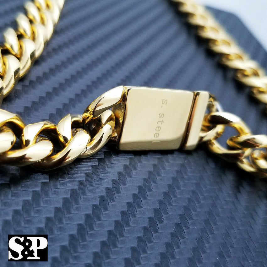 Men Gold Finish Stainless Steel Special Lock 10mm 24", 30 Cuban Chain Necklace