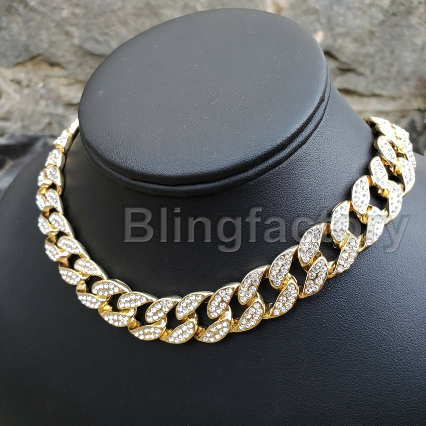 Hip Hop Bubble Letter "S" & 18" Full Iced Cuban & 1 Row Tennis Choker Chain Necklace Set