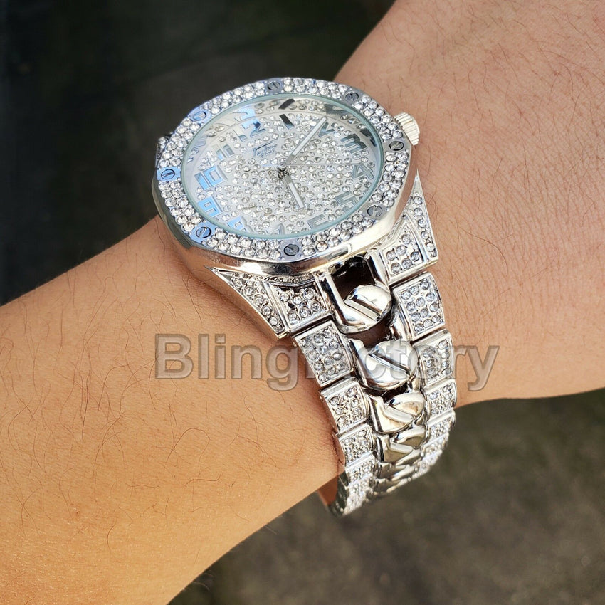 Men Silver Plated Iced out Luxury Migos Rapper's Metal Band Dress Clubbing Watch