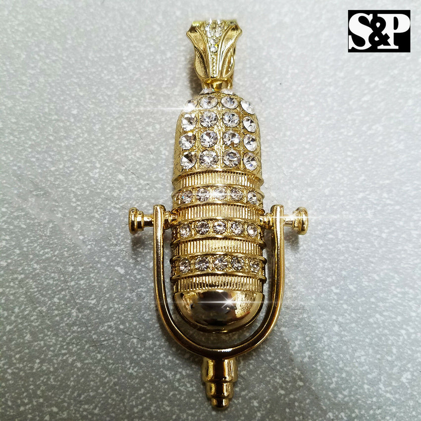 FULL ICED HIP HOP RAPPER'S GOLD PLATED CZ LARGE MIC PENDANT