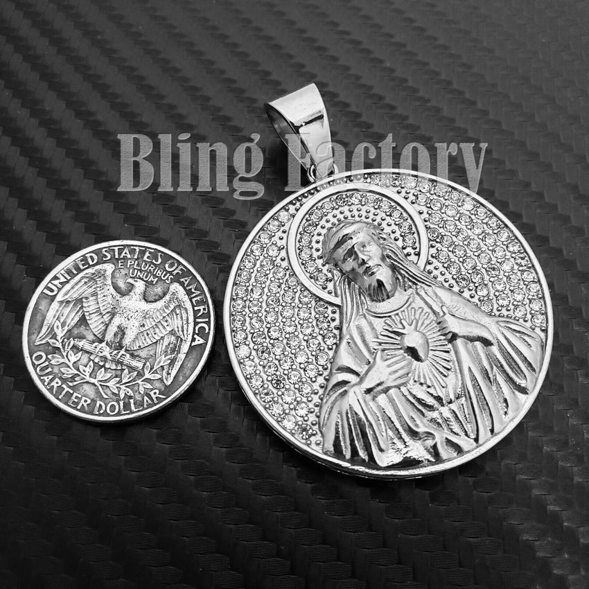 Iced out Hip Hop Stainless steel Silver Tone Holy Jesus Medal Charm Pendant