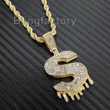 Hip Hop Iced out Lab Diamond $ Symbol Drip Pendant & 4mm 24" Rope Chain Necklace
