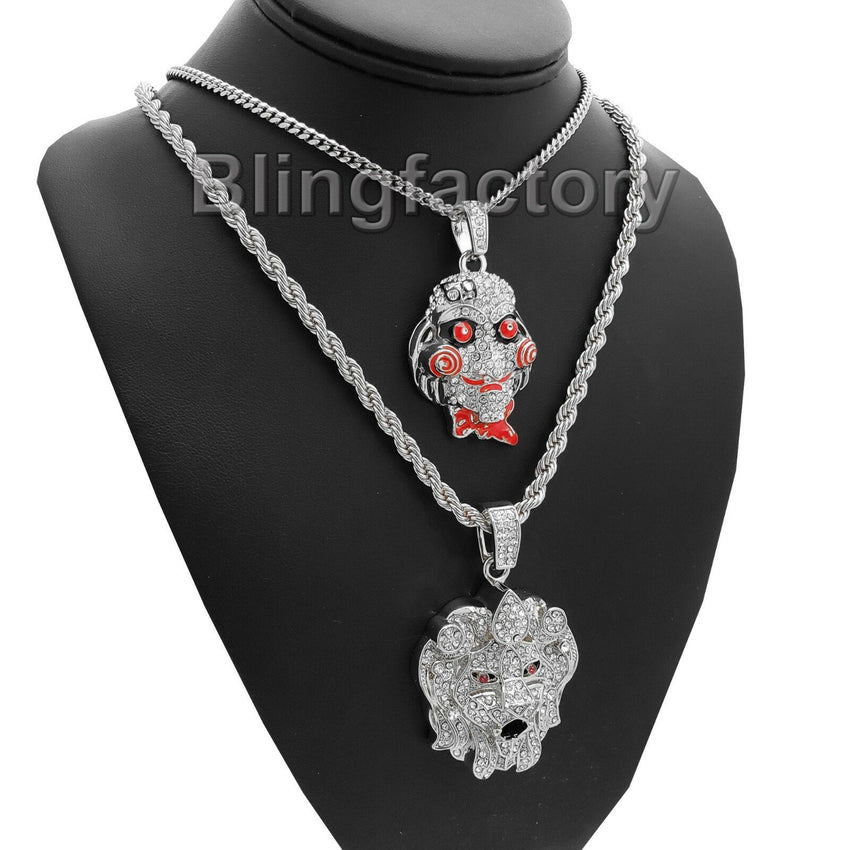 Iced out Saw Inspired & Lion Head Pendant & 24" 30" Rope, Cuban Chain Necklace