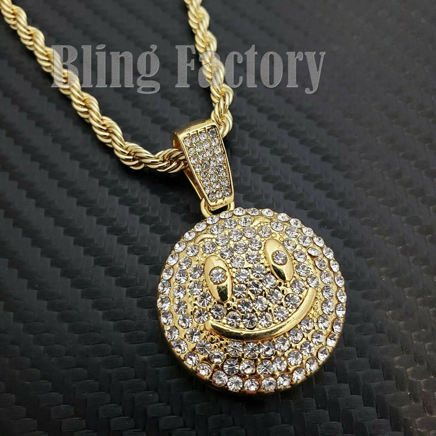 Hip Hop Iced Emoji Smile Face Charm Pendant & 4mm 24" Rope Chain Necklace
