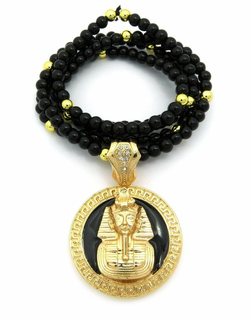 Gold PT KING-TUT PHARAOH Pendant & 6mm/30" Black Beads Chain Hip Hop Necklace