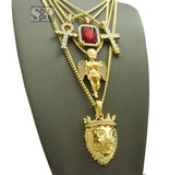 Hip Hop Iced Out Ankh, Cross, Red Ruby, Angel, Lion Head Pendant 5 Necklace Set