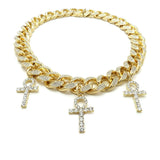 Hip Hop Iced Triple Ankh Cross Pendant & 18" Full Iced Cuban Choker Chain Necklace