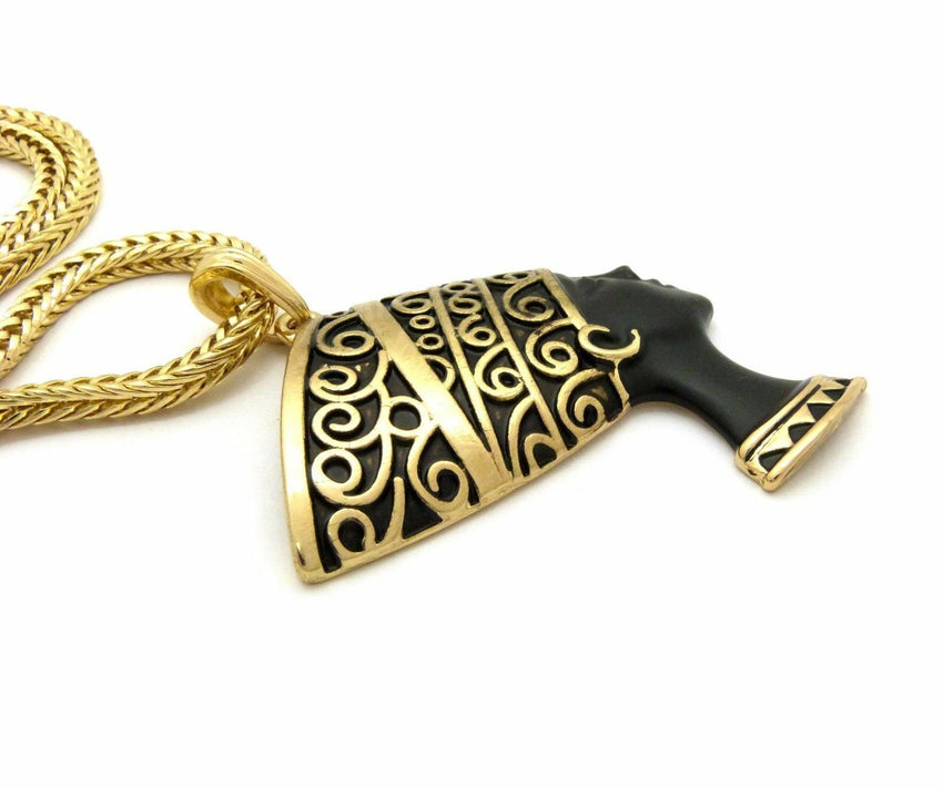 NEW CELEBRITY EGYPTIAN NEFERTITI PENDANT & 4mm 18" FRANCO CHAIN HIP HOP NECKLACE