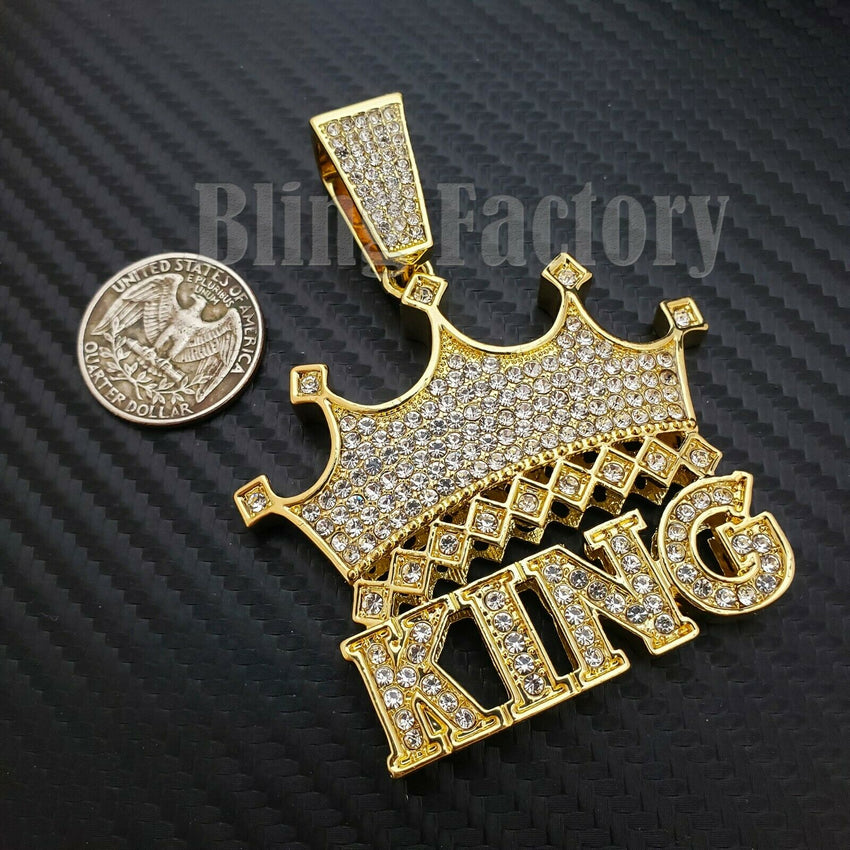 HIP HOP ICED OUT LAB DIAMOND GOLD PLATED LARGE CROWNED KING CHARM PENDANT