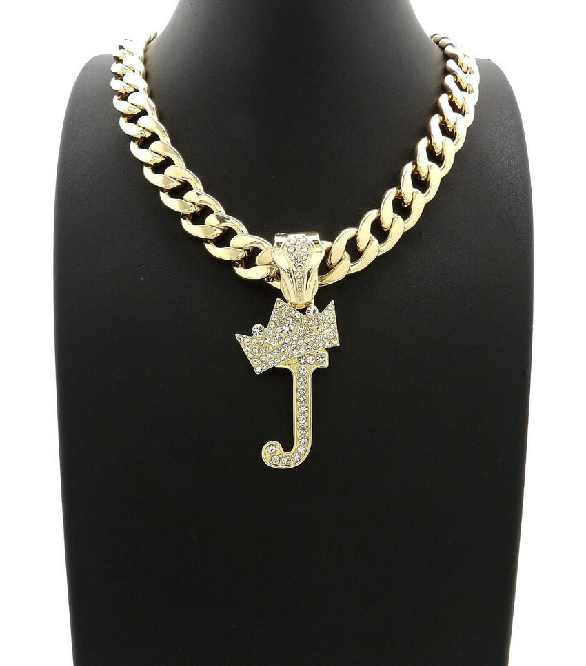 Hip Hop Crowned Alphabet Initial Pendant & 11mm 18" Cuban Choker Chain Necklace